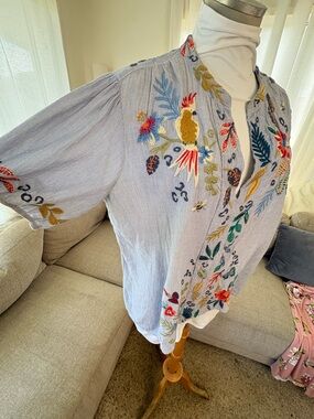 Johnny Was Light Blue Slightly Chambray Embroidered Boho Blouse